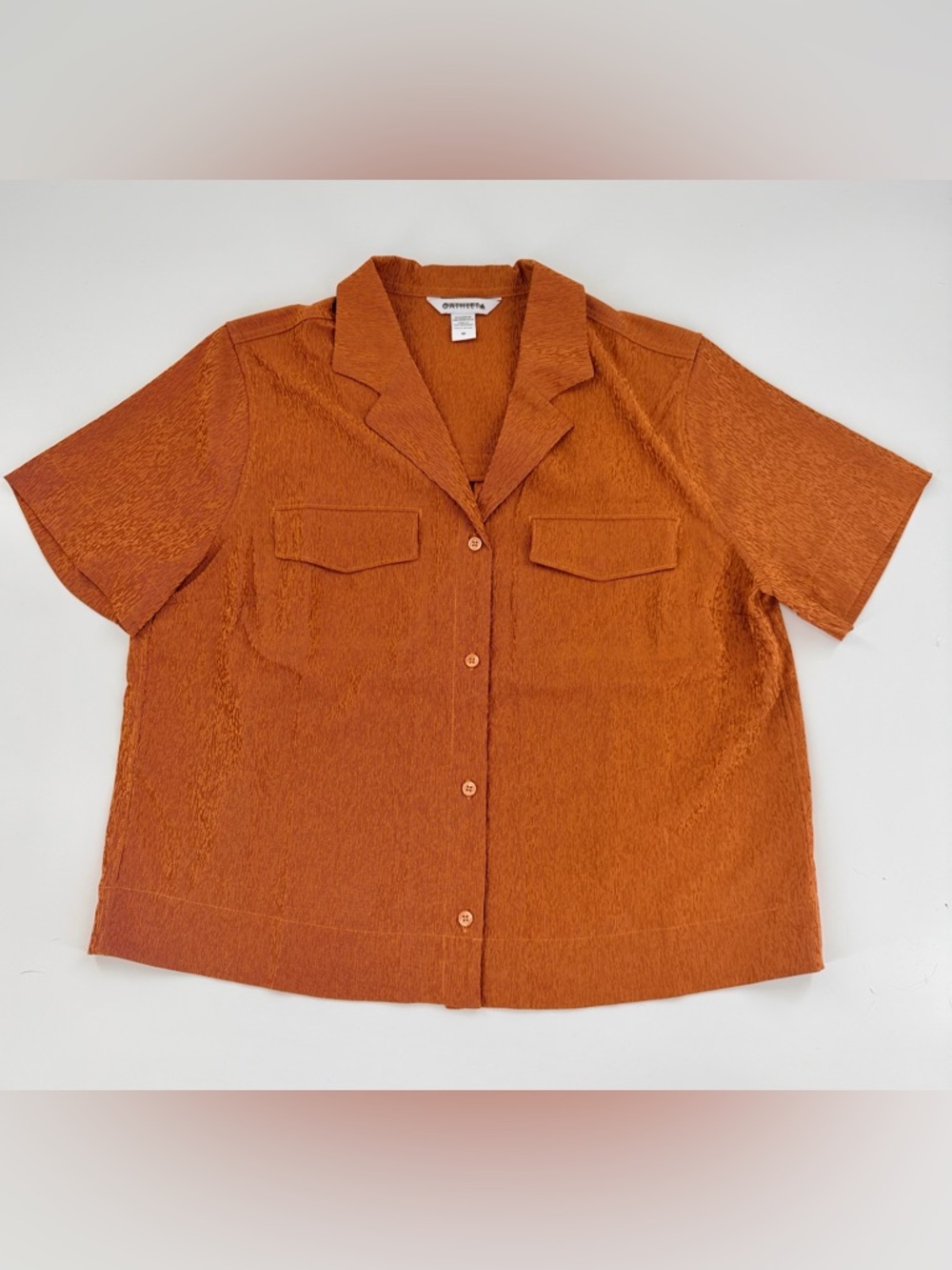 Athleta Top Women Medium Burnt Orange Textured Button Up Camp Shirt Short Sleeve